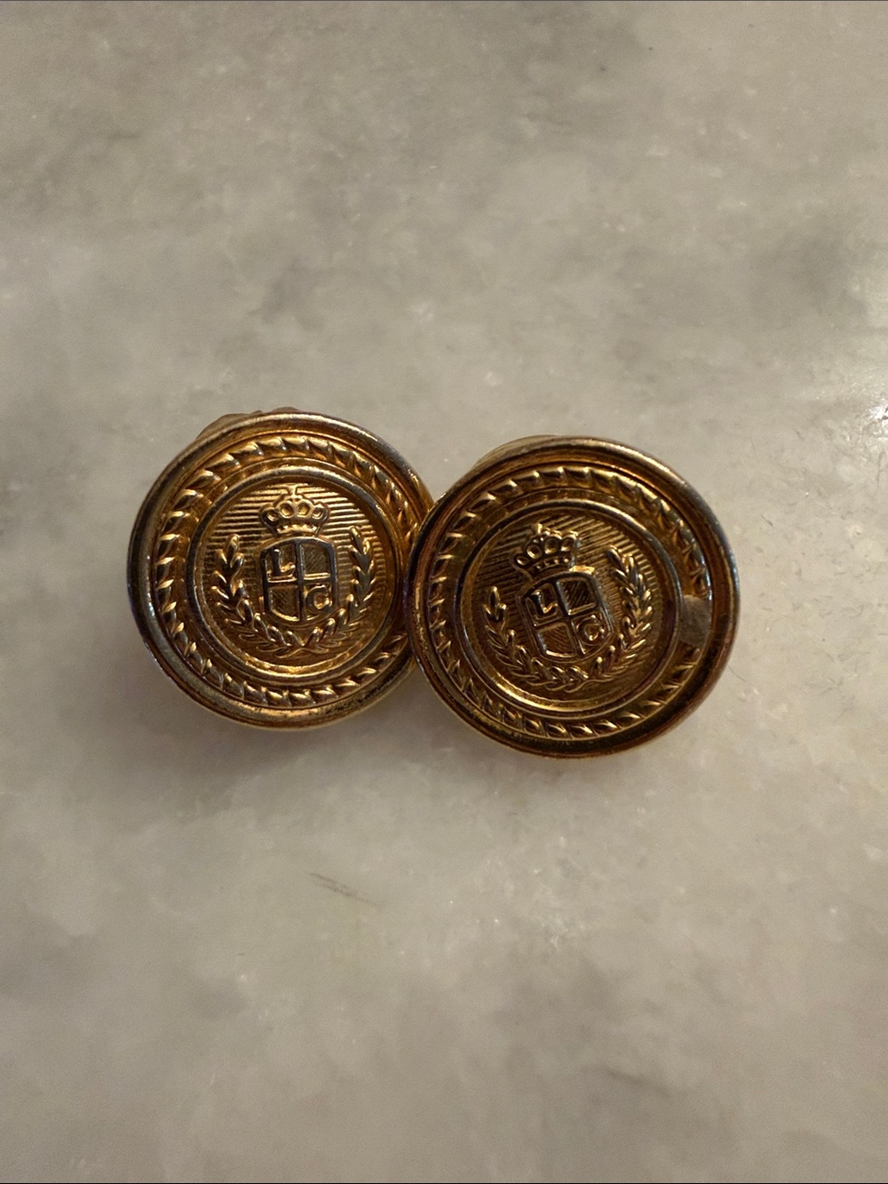 Vintage 80s Liz Claiborne Crest Button Stud Earrings in Gold Tone Dainty Round